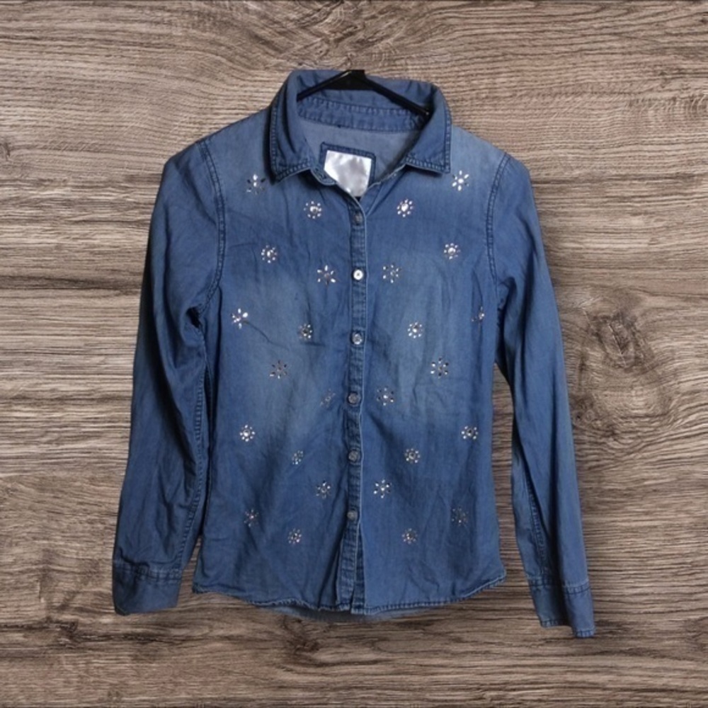Justice blue chambray long sleeve button down shirt Embellished Size 12.